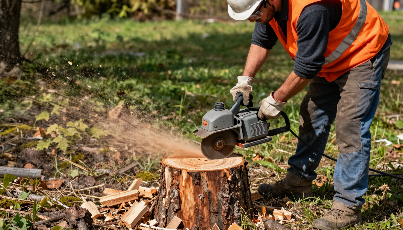 Worker grinds a cut tree stump with powered equipment during Tree Service in Magna, UT to prepare space for landscaping.