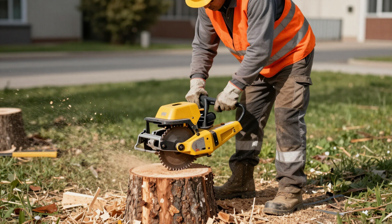 Worker operates a stump grinder on a large stump during Tree Service in Magna, UT for safer yard cleanup and easy reuse.