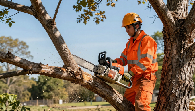 Worker cuts a large tree limb with a chainsaw during Tree Service in Magna, UT for residential tree removal and cleanup.