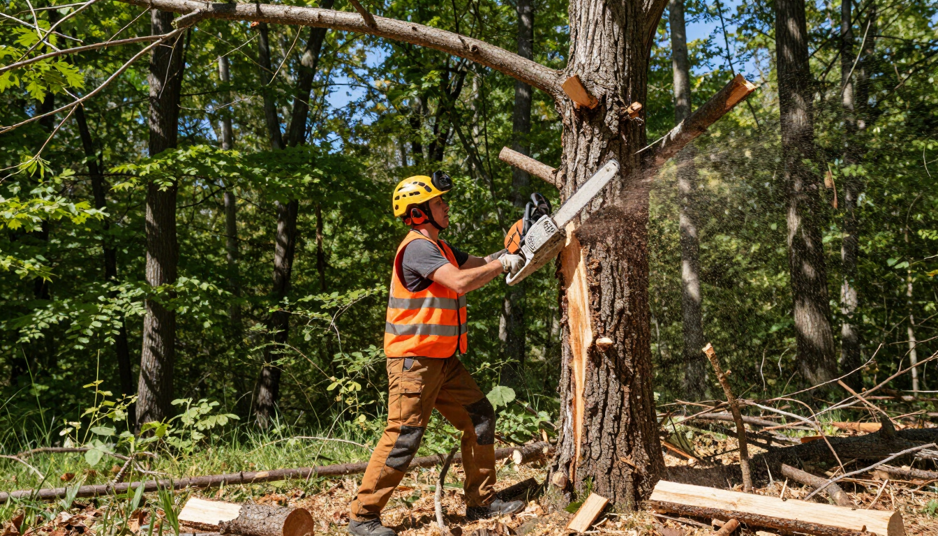 Worker cuts a damaged tree trunk with a chainsaw during Tree Service in Magna, UT for safe removal and property cleanup.