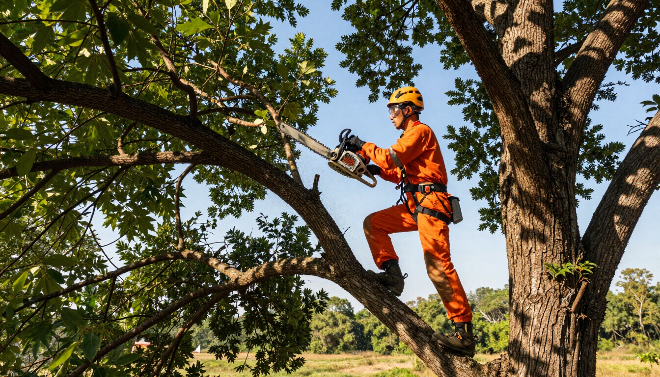 Worker trims a large overhead branch with a chainsaw during Tree Service in Magna, UT for careful tree removal and care.