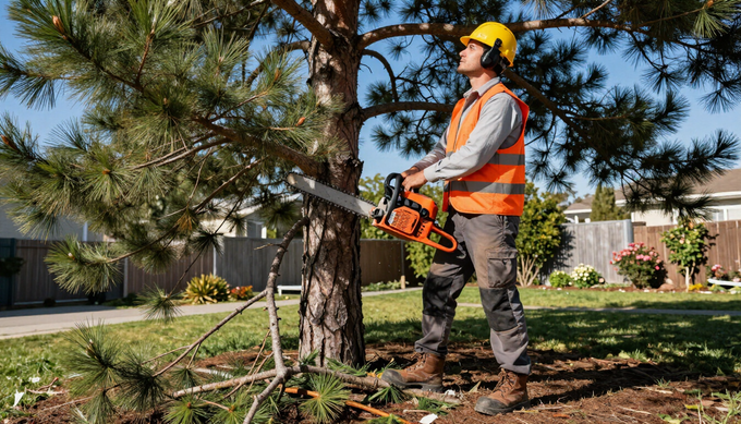 Worker trims branches beside a mature tree during Tree Service in Magna, UT to improve canopy shape with yard clearance.