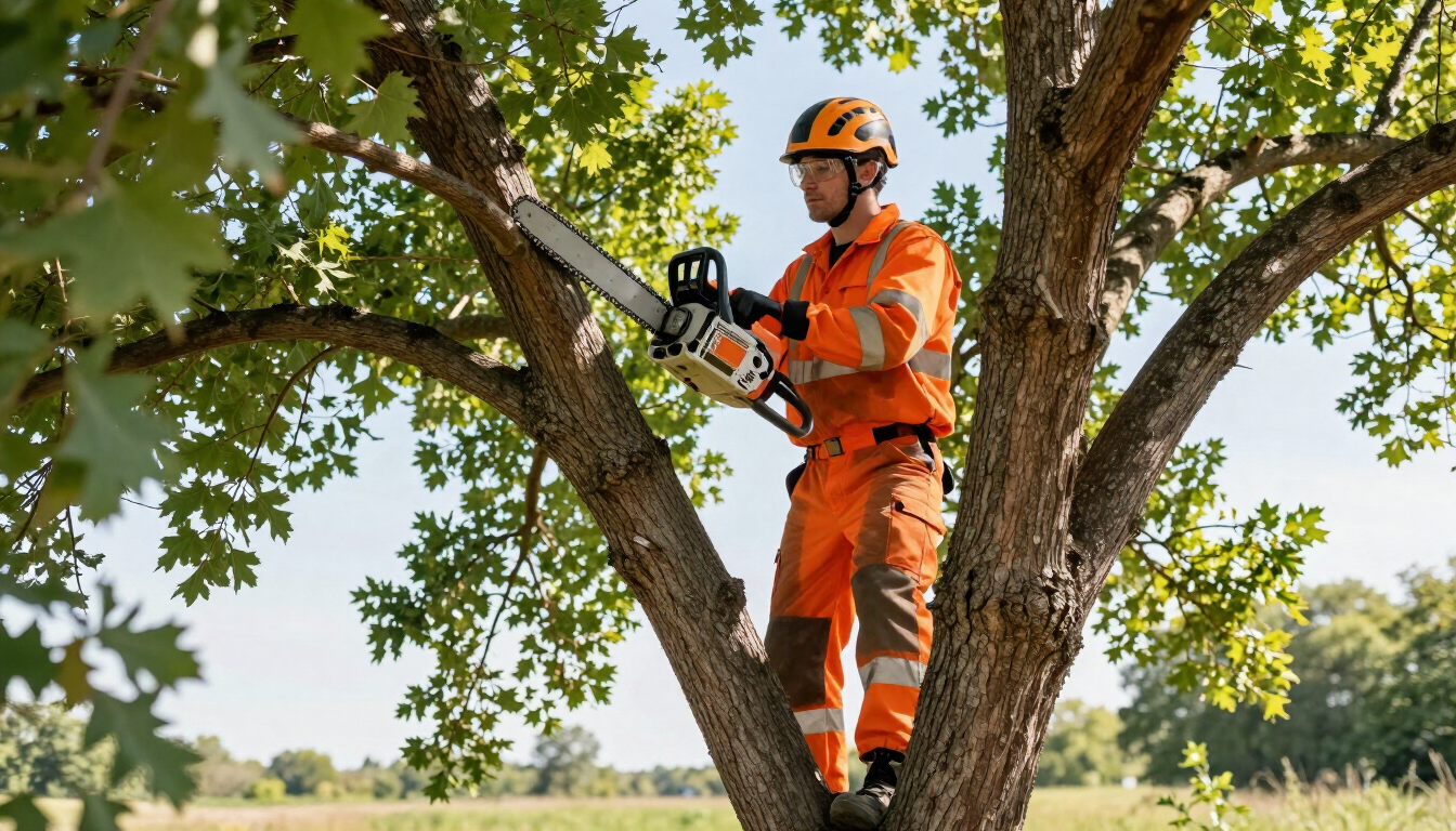 Worker trims leafy branches with a chainsaw during Tree Service in Magna, UT to improve canopy shape and yard clearance.