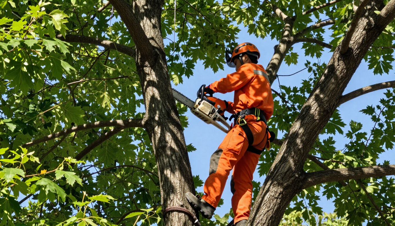 Worker cuts a thick tree limb with a chainsaw during Tree Service in Magna, UT for careful pruning and branch clearance.