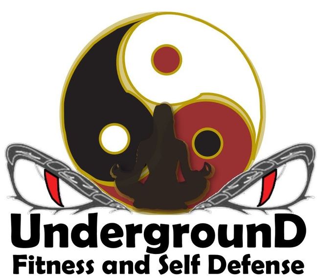 Logo for UndergroundD Fitness and Self Defense, with Yin Yang, snake eyes, and meditating figure.