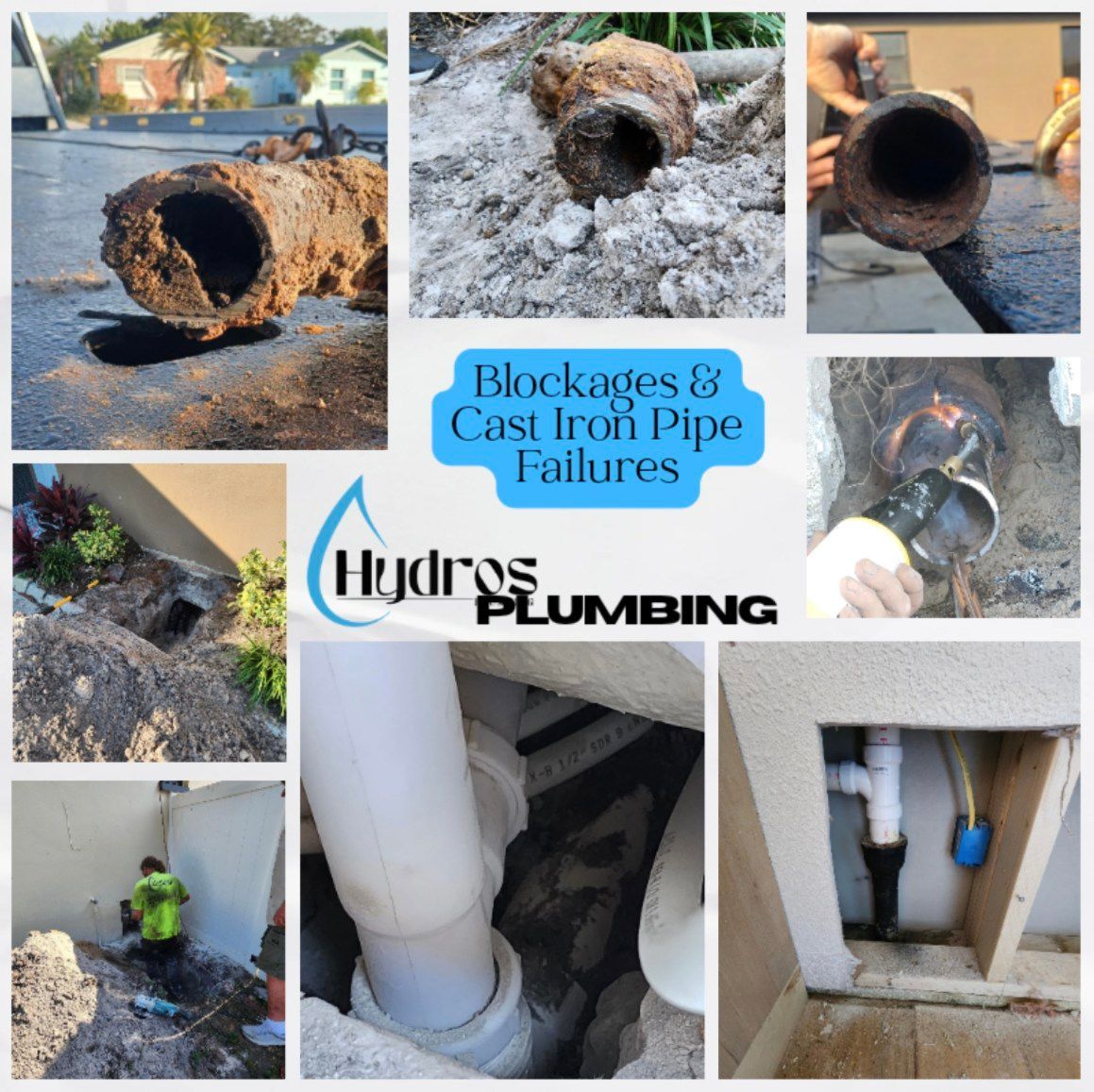 Collage showing plumbing issues, including cast iron pipe failures and blockages; text reads 