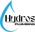 Logo for Hydros Plumbing featuring a blue water droplet and black text on a white background.