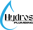 Logo for Hydros Plumbing featuring a blue water droplet and black text on a white background.