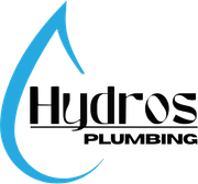 Logo for Hydros Plumbing featuring a blue water droplet and black text on a white background.