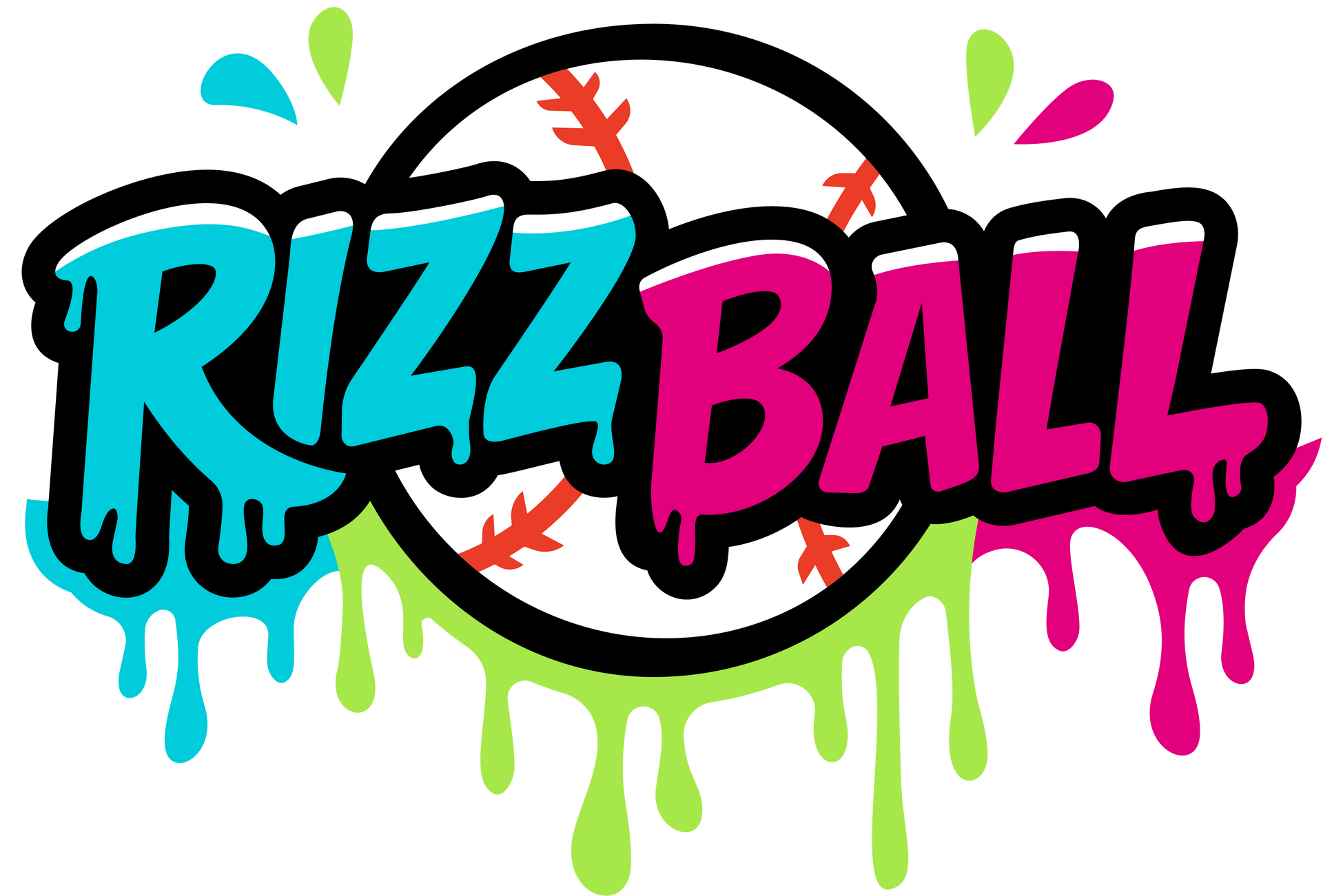 Colorful &ldquo;Rizzball&rdquo; logo in teal and pink with dripping paint and a baseball behind the text