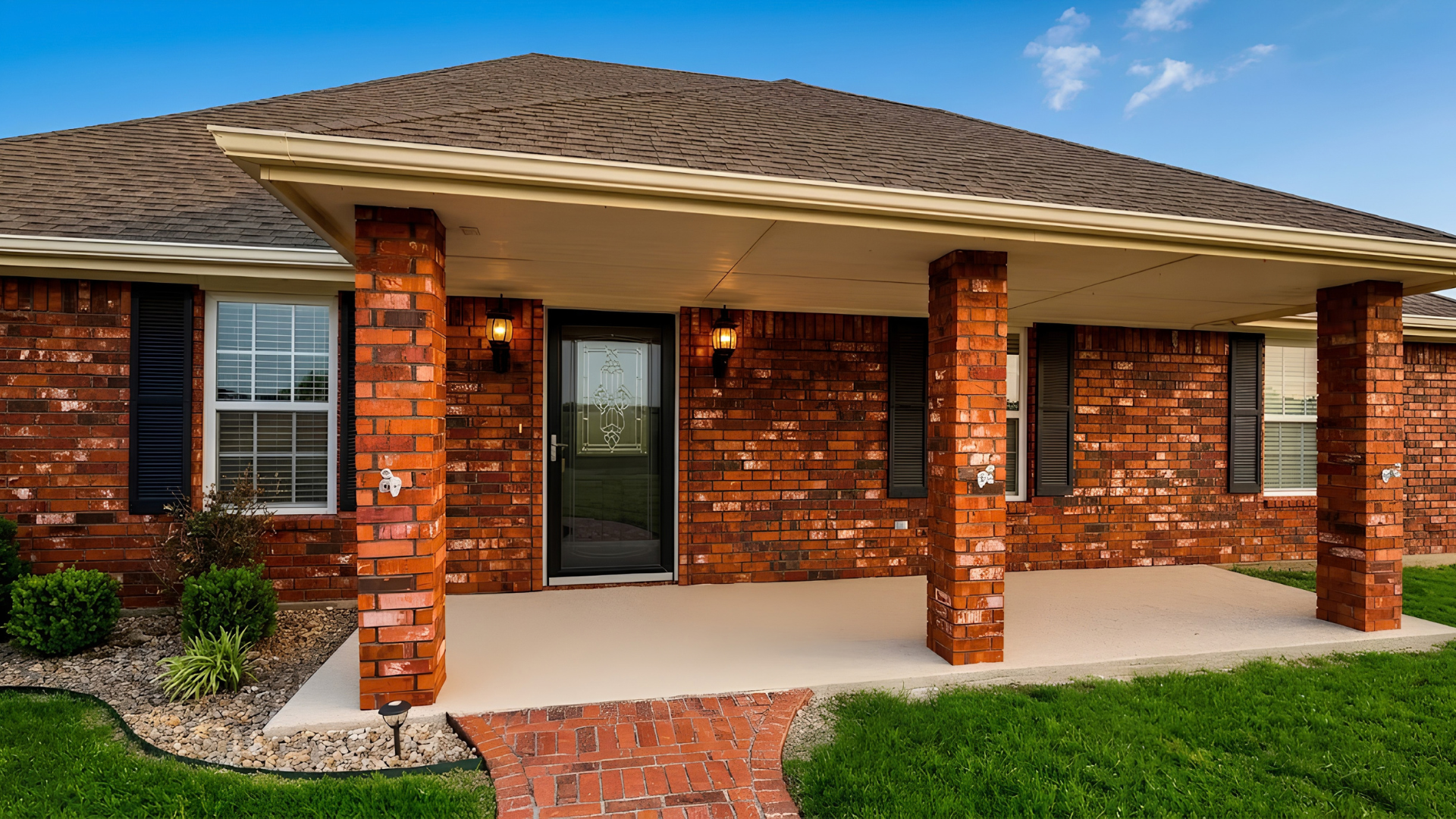 Brick house front porch with four columns, black door, and manicured lawn