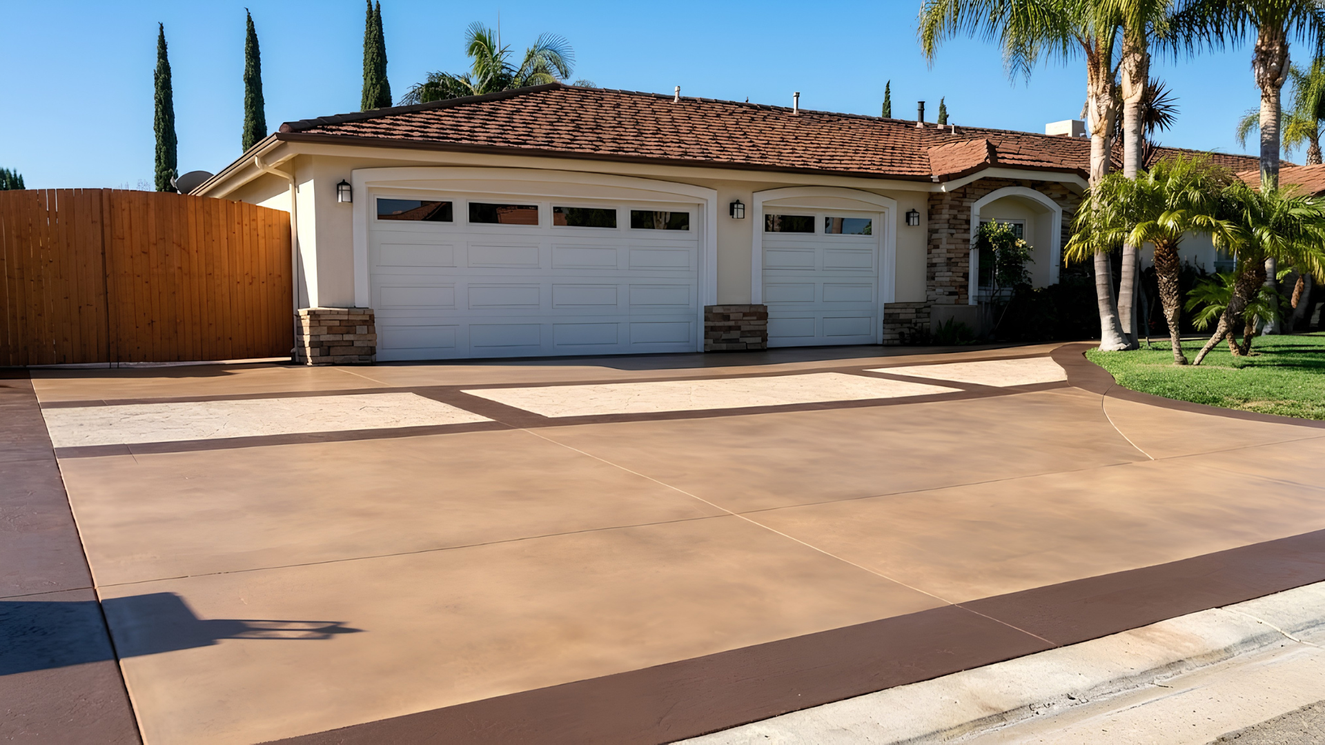 Single-story suburban house with a two-car garage, tan driveway, and palm trees in front