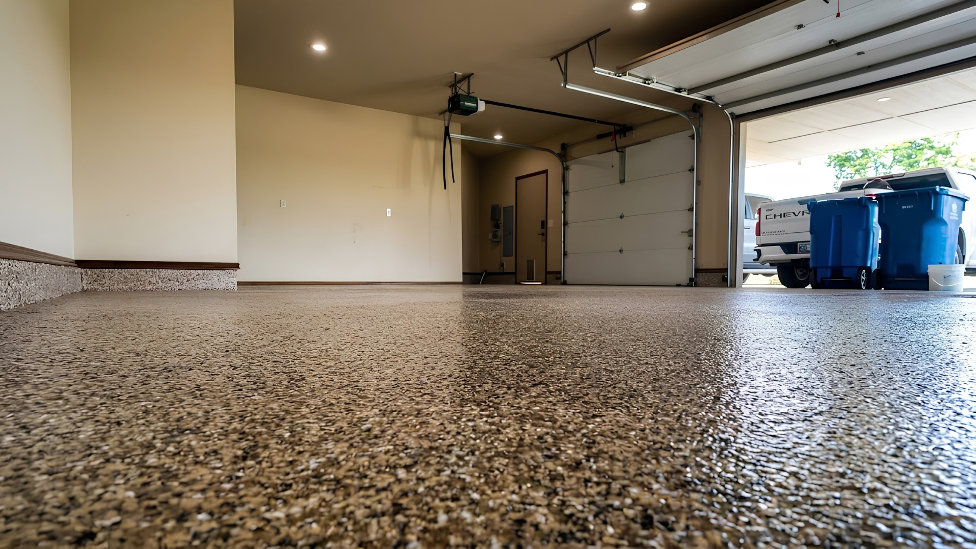 Low-angle view of a clean garage with a speckled epoxy floor, open door, and blue bins near the entrance