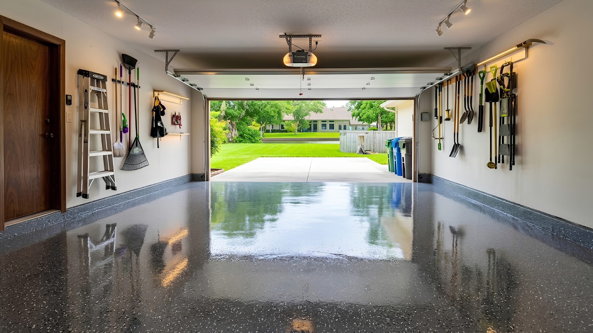 Bright garage interior with glossy floor, open door, and a driveway leading to a green backyard pool.