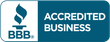 BBB Accredited Business badge with white logo and text on teal background