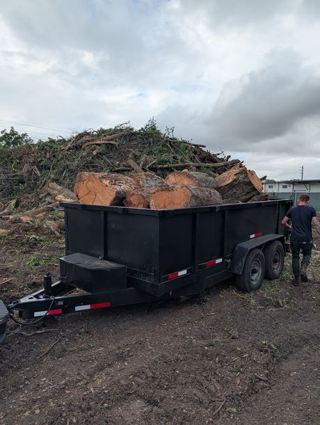 Black dump trailer loaded with soil and brush, parked on gravel under cloudy skies, with a person beside it