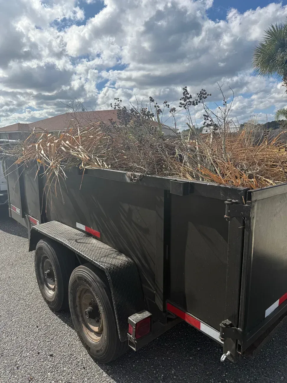 Black dual-axle utility trailer filled with brush, parked on a roadside under a cloudy sky.