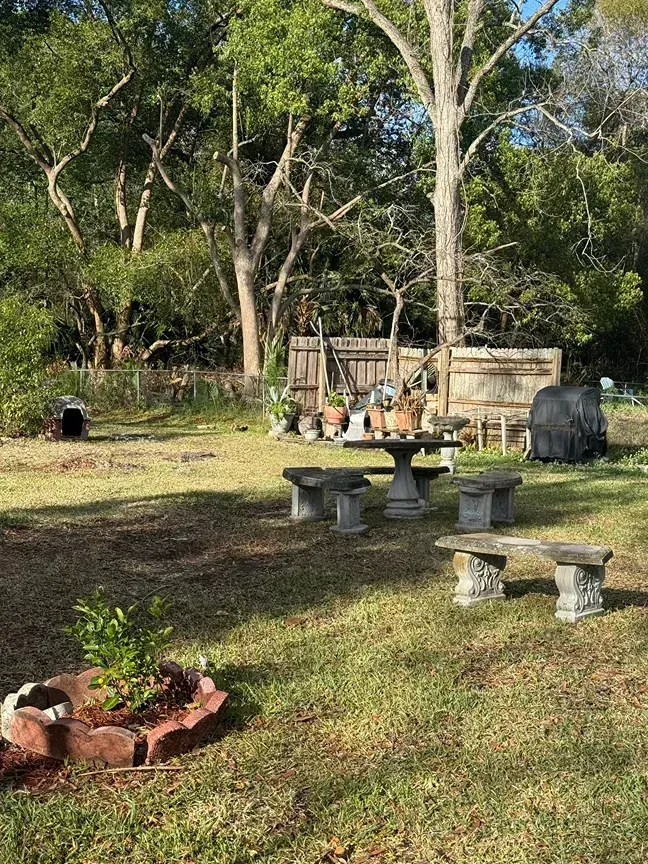 Backyard with stone benches, a small table, and trees in a grassy yard