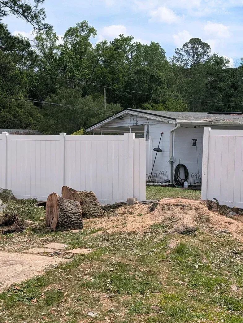 White fence and small shed beside a wooded yard with cut tree stump and patchy grass.