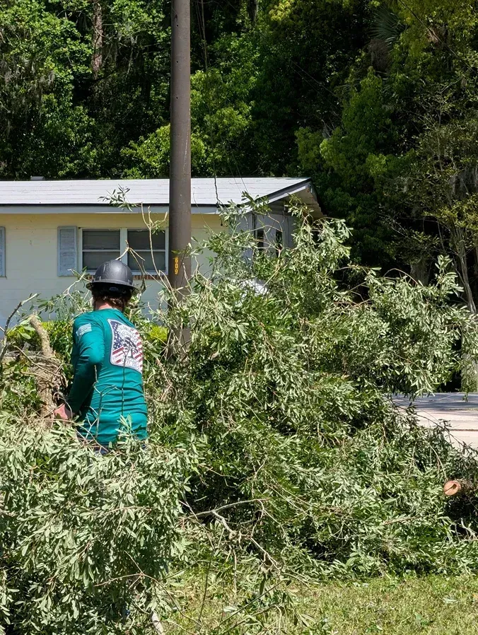 Worker in teal shirt clearing large fallen branches beside a house and utility pole.