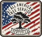 All American Tree Service Certified logo with tree silhouette on a distressed American flag background