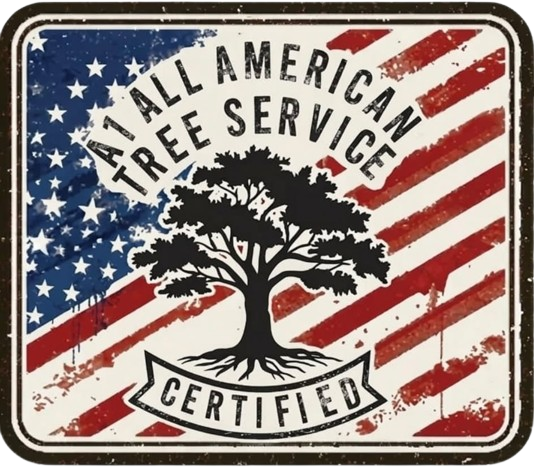 All American Tree Service Certified logo with tree silhouette on a distressed American flag background