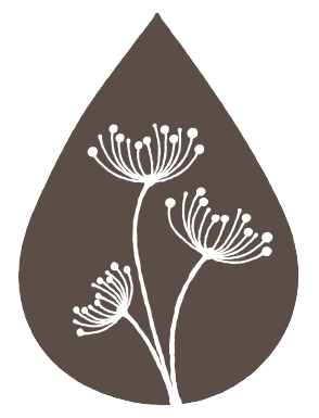 Um logotipo com uma delicada ilustração botânica verde de três flores em um caule fino ao lado de um texto branco ilegível.