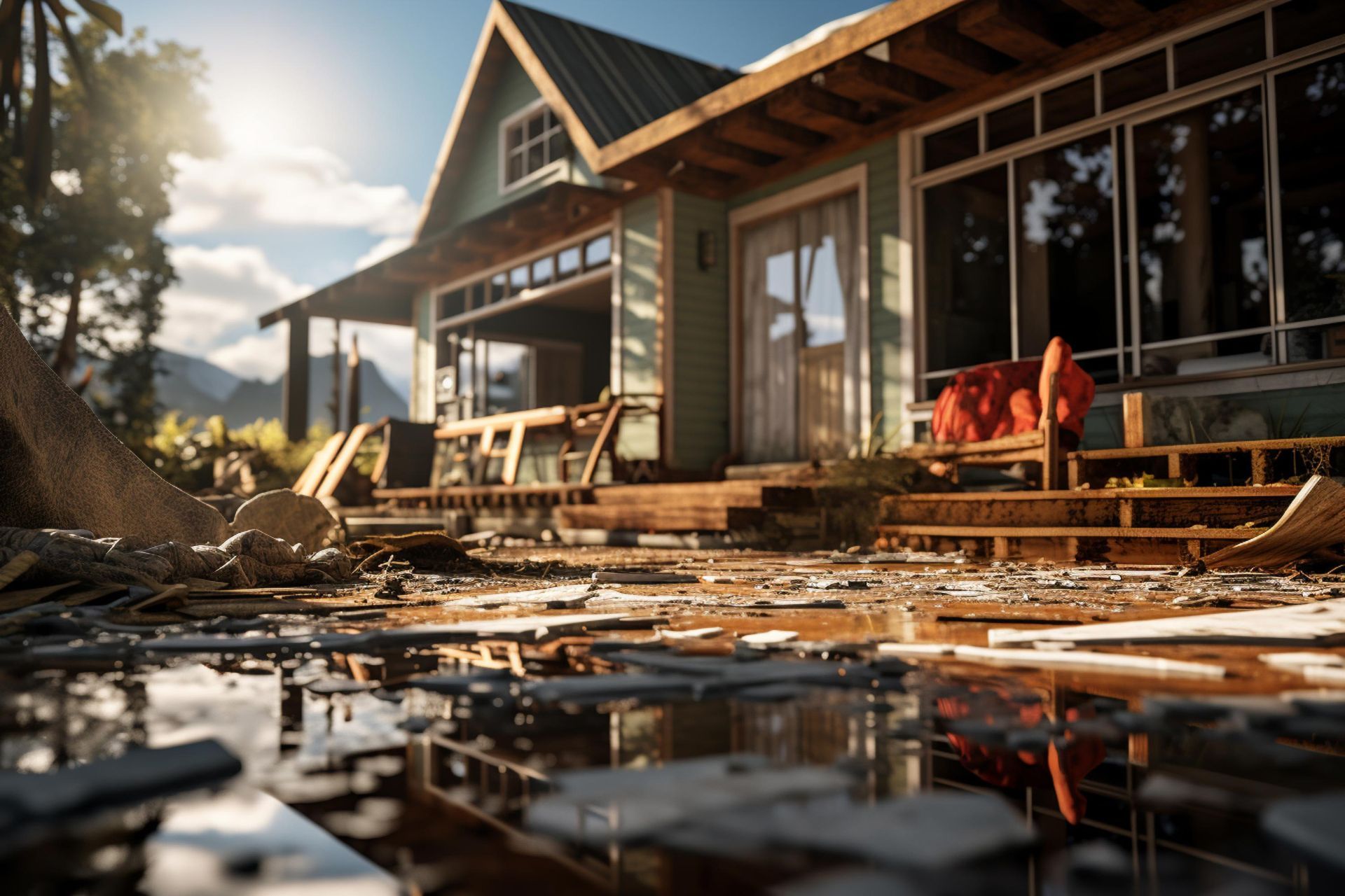 House with debris and flooded area. Sunlight highlights damage, revealing a porch and mountain background.