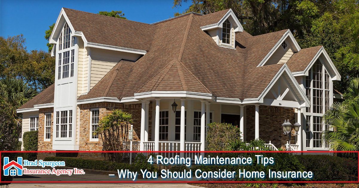 A brown shingled home with a wrap-around porch, featuring text overlays about roofing maintenance and home insurance.