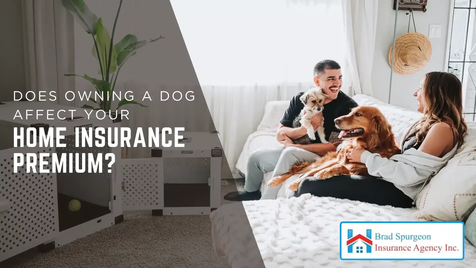 Family with dog on couch in living room, with text asking if owning a dog affects home insurance premium.