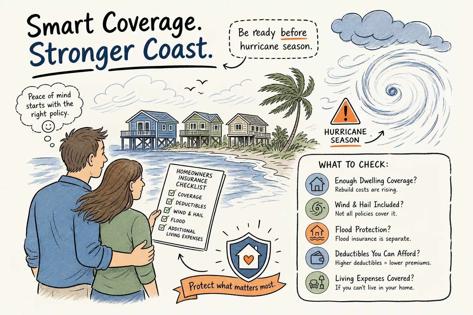 Coastal flood-preparedness infographic with couple, storm clouds, rising water, and checklist for home protection