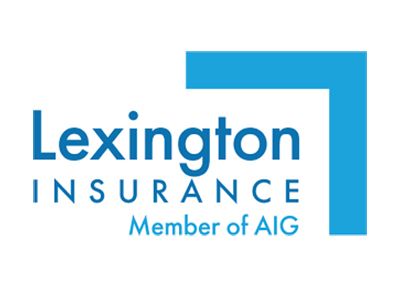 Lexington Insurance logo with blue text and a blue right-angled shape. 
