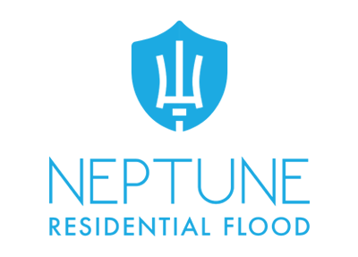 Blue logo for Neptune Residential Flood. Shield shape with trident icon above text.