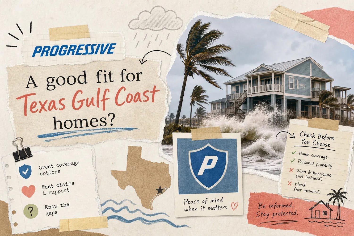Progressive ad: “A good fit for Texas Gulf Coast homes?” with beach house, storm surf, and map graphic