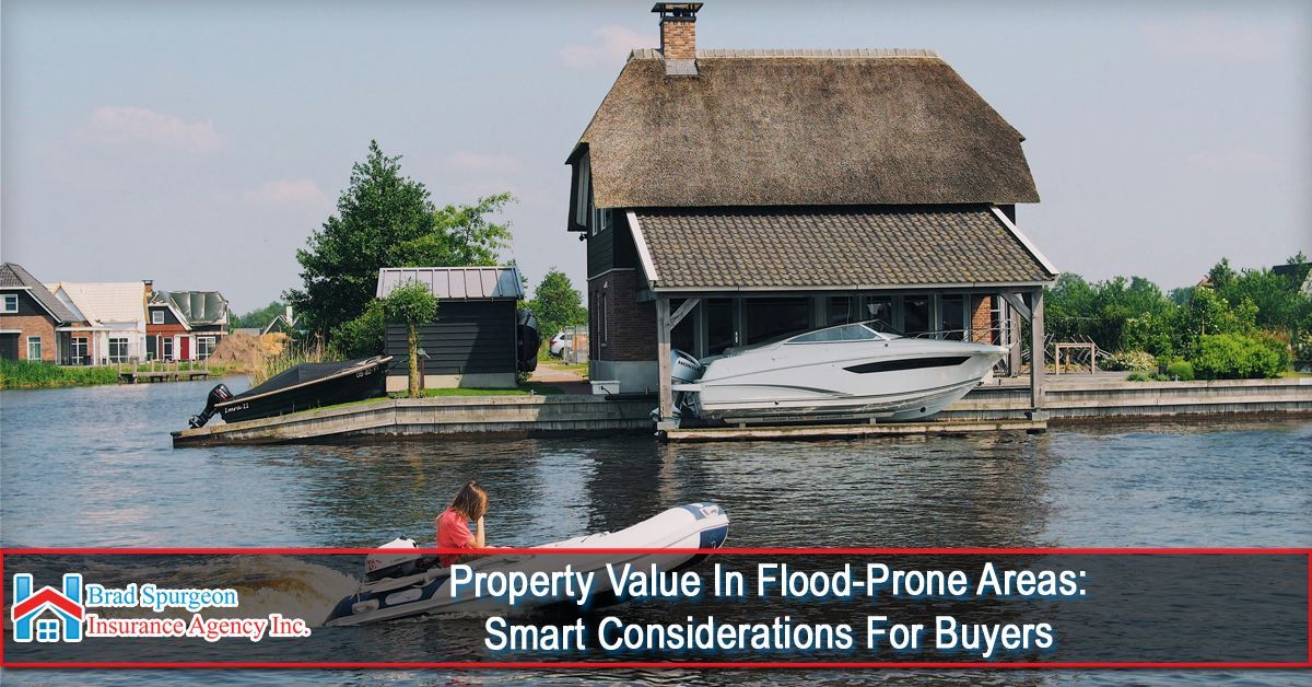 A boat house on a canal with a boat parked underneath, accompanied by text regarding property value in flood-prone areas.