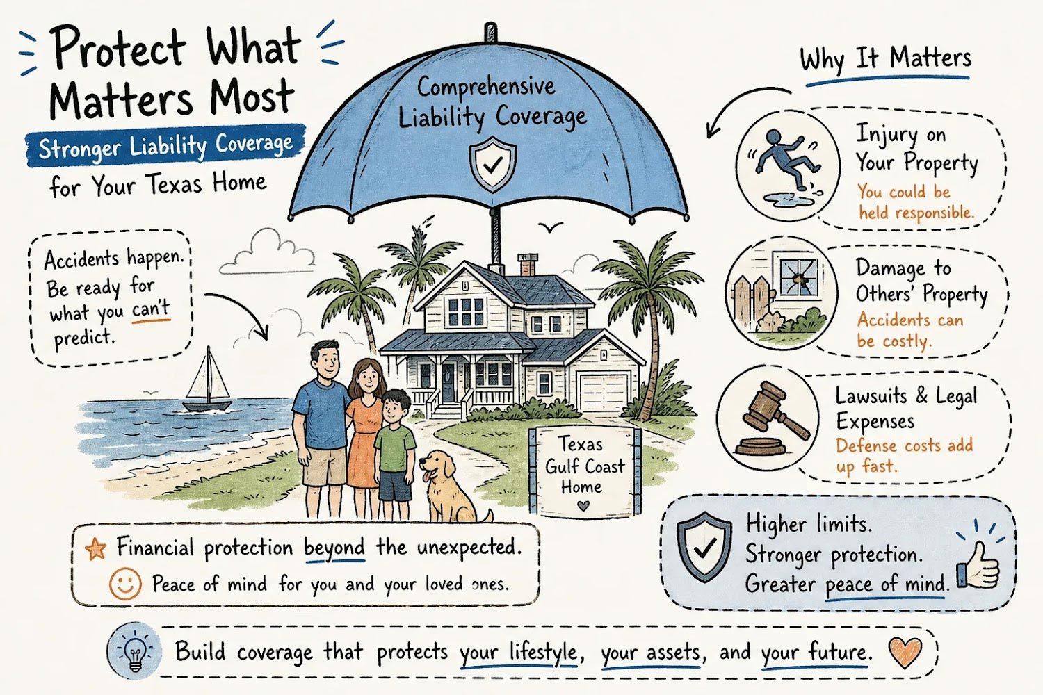 Flood insurance flyer with house, umbrella, family, and coastal storm warnings