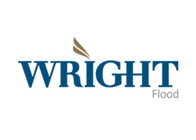 Wright Flood logo: navy blue text with a gold wing icon above it.