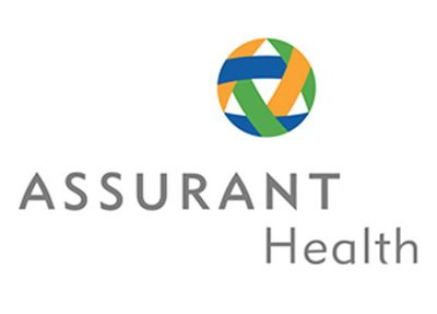 A logo for assurance health with a volleyball in the middle