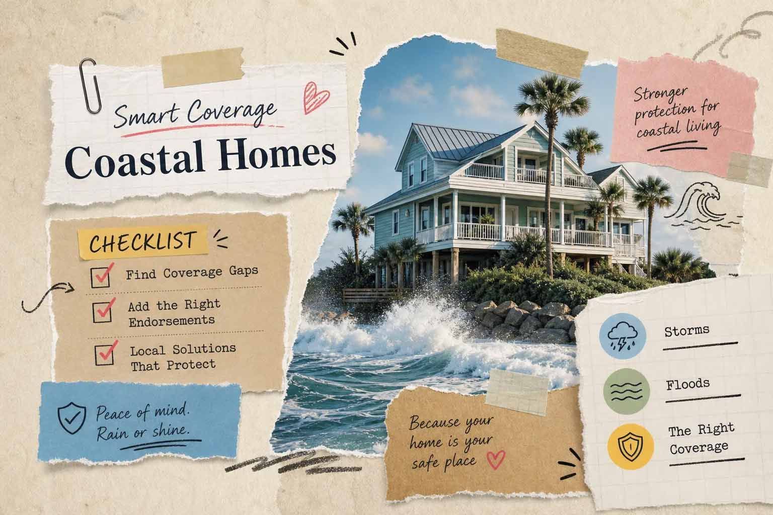 Coastal homes brochure with house photo, checklist, and pastel notes on a beige background