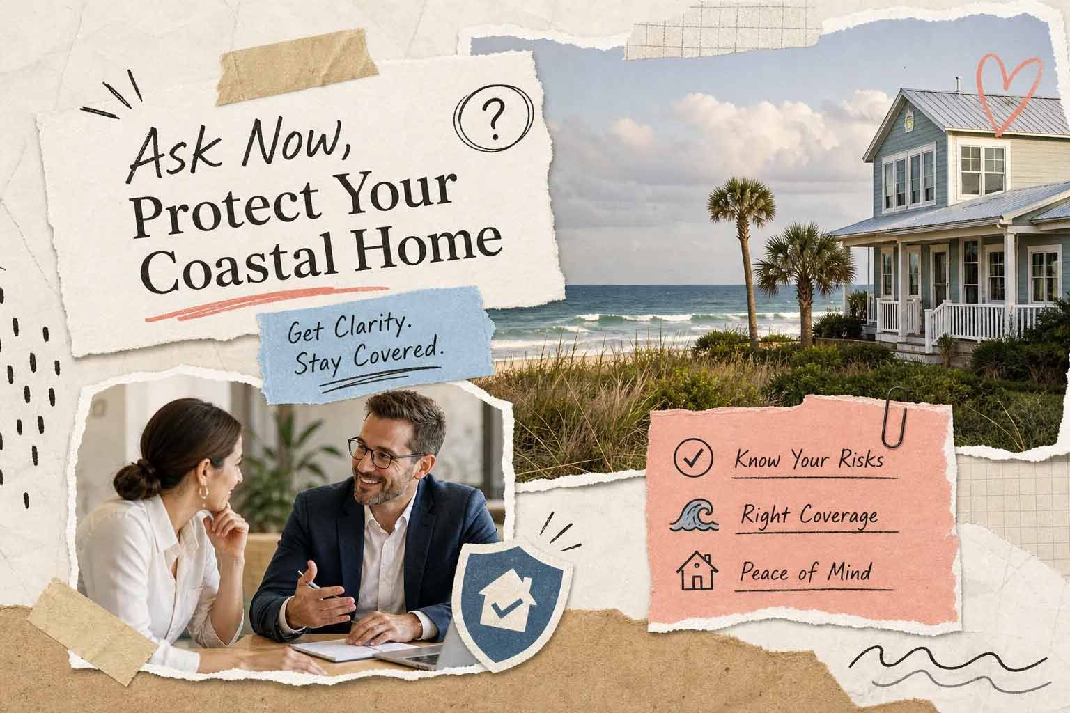 Couple discussing coastal home protection with beach house, ocean backdrop, and tips for staying safe.