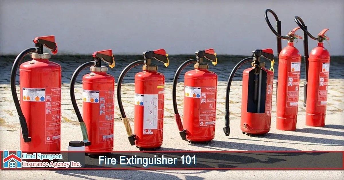 A lineup of seven red fire extinguishers on a paved surface, with one showing an internal cutaway view.