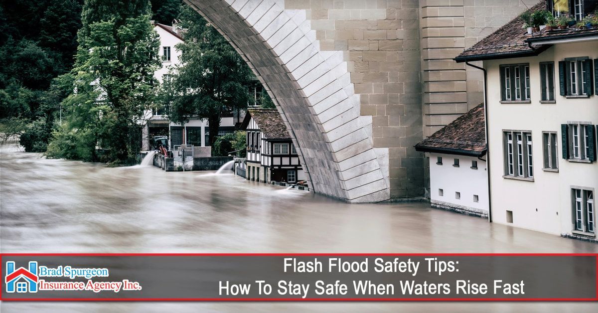 Flood water surrounds buildings under a bridge. Brown water, trees, and houses are visible.