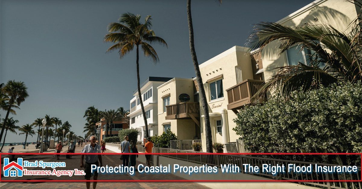 Coastal villas along a beach with text overlay about protecting properties with the right flood insurance.