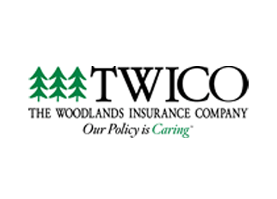 Logo for TWICO, The Woodlands Insurance Company, with green trees and tagline 
