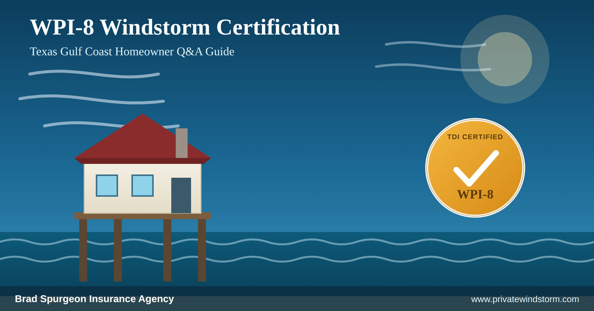 WPI-8 Windstorm Certification graphic with a house on stilts, waves, sun, and a gold checkmark badge