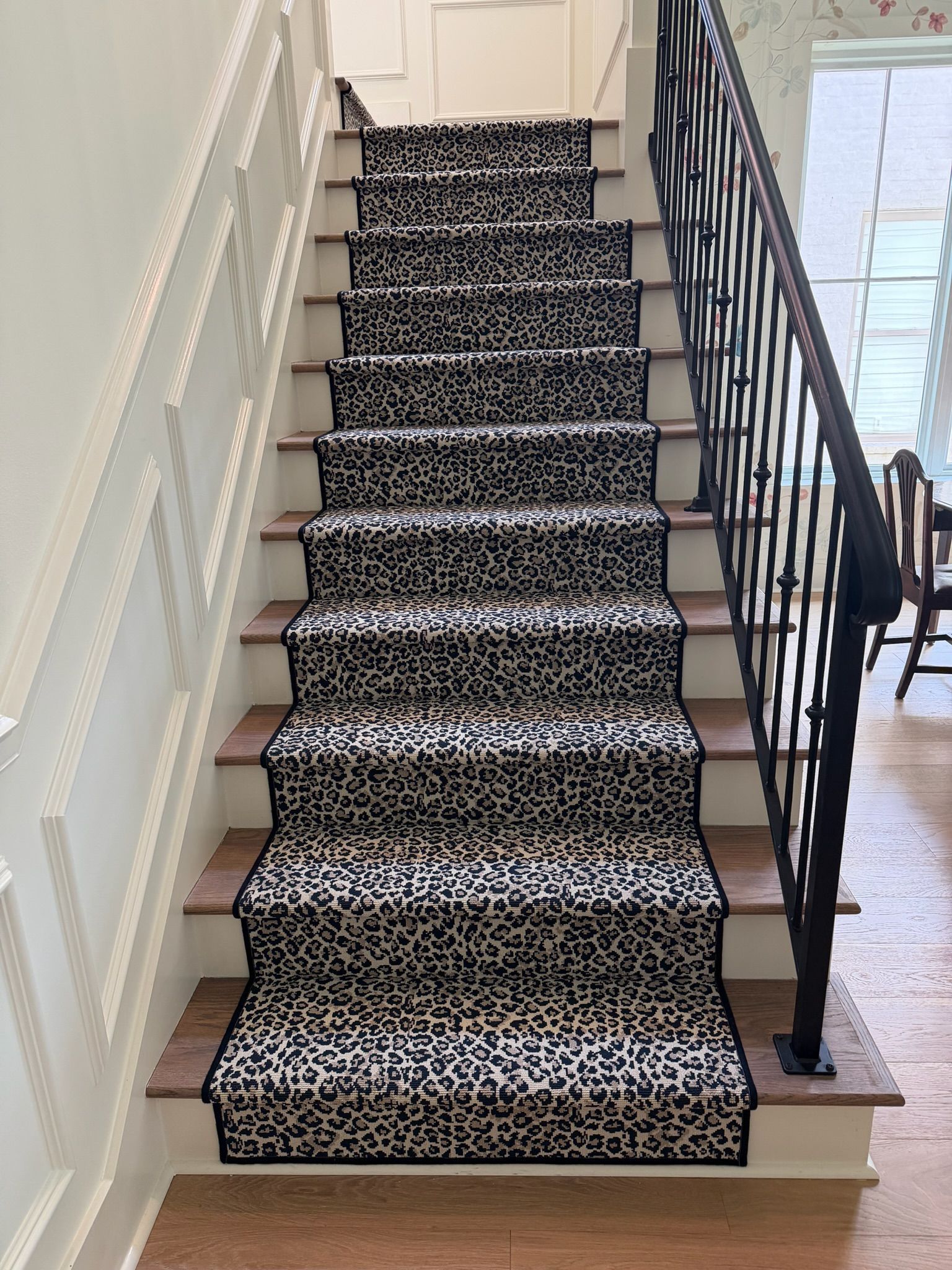 Stair runner in black and white leopard print
