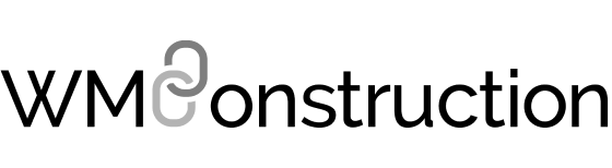 A black and white logo for wm construction on a white background.