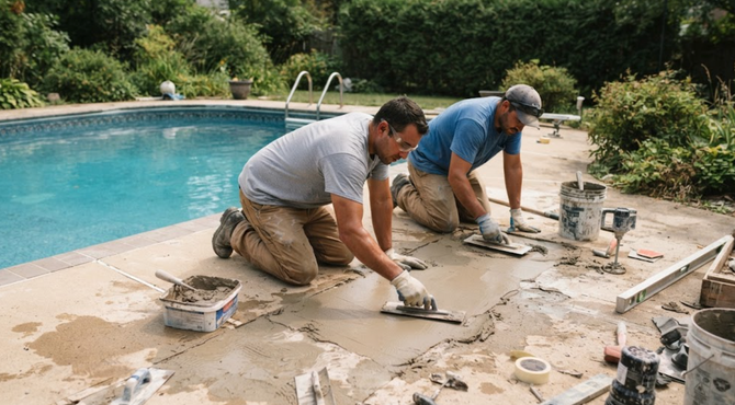 Two workers repairing cracked poolside concrete beside a blue swimming pool