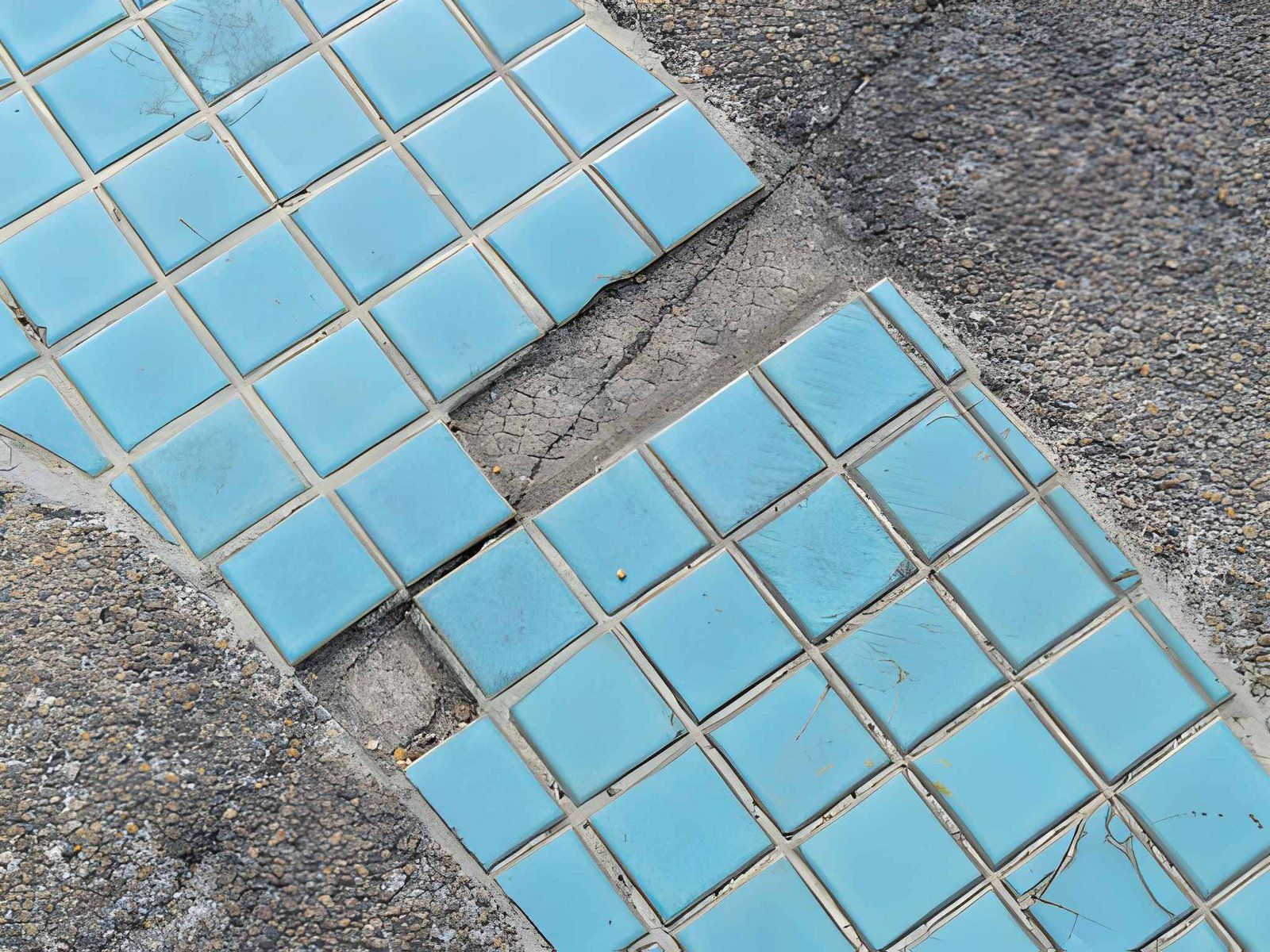 Broken turquoise sidewalk tiles with a missing section on rough gray pavement