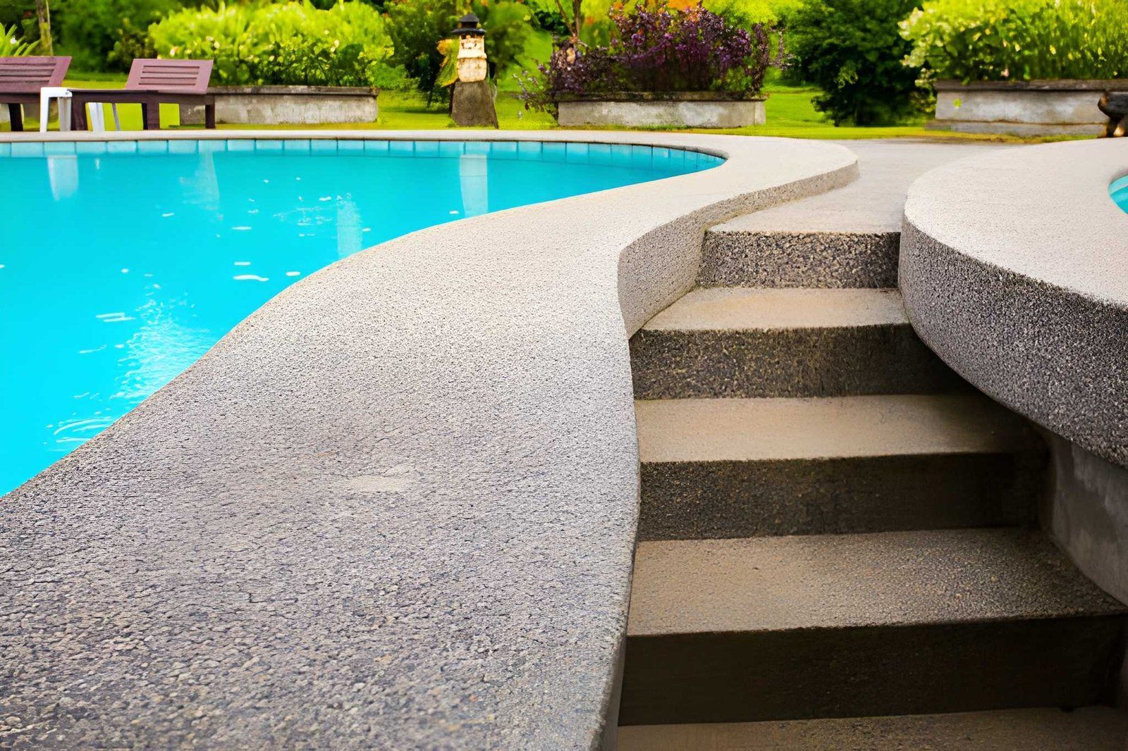 Curved stone pool steps beside a bright blue swimming pool with landscaped greenery in the background